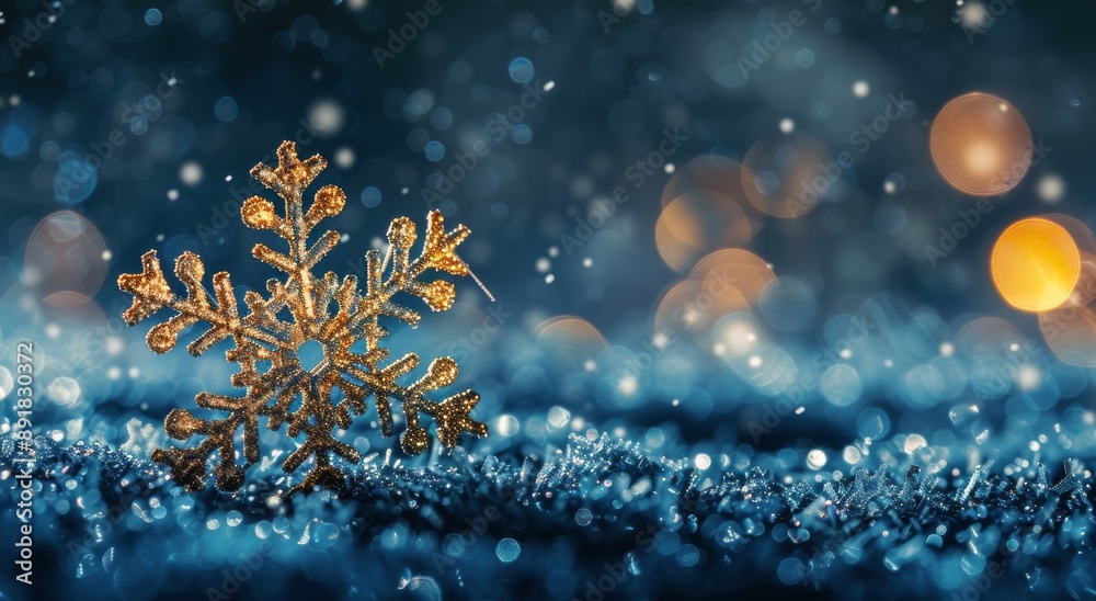 Fototapeta premium Golden Snowflake Ornament on Blue Sparkle Background