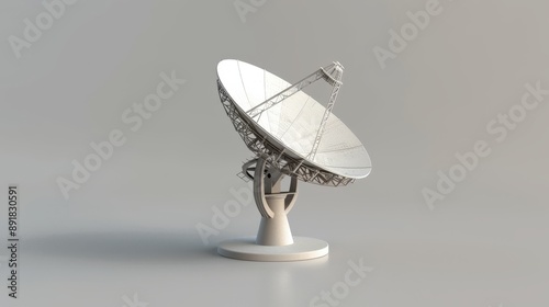 A 3D rendered image depicting a parabolic satellite dish antenna, which is utilized for the transmission and reception of signals to and from satellites. 