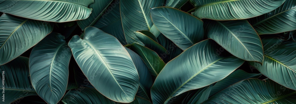 Lush Green Tropical Leaves Framing a Dark Blue Surface Lush Green Tropical Leaves Framing a Dark Blue Surface