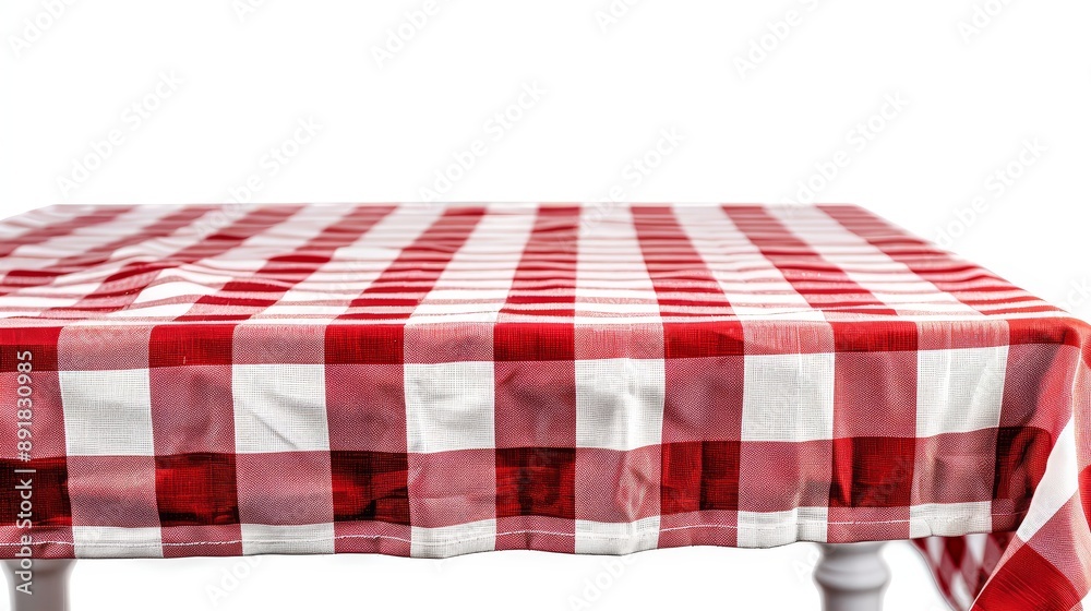 A red checkered rectangular tablecloth isolated on white. 