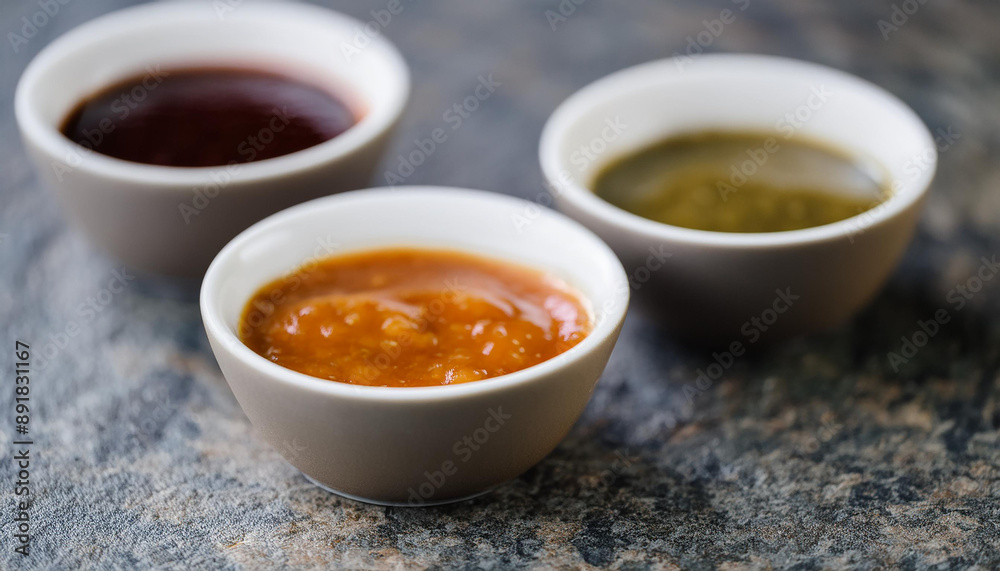 Dipping sauces in small ceramic bowls on stone table. Homemade sauces for food. Close-up. Dipping sauces in small ceramic bowls on stone table. Homemade sauces for food. Close-up.