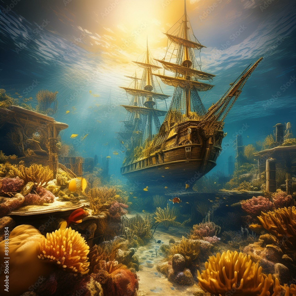 A serene underwater scene featuring a vibrant coral reef, diverse marine life, and a sunken pirate ship in the background. A serene underwater scene featuring a vibrant coral reef, diverse marine life, and a sunken pirate ship in the background.