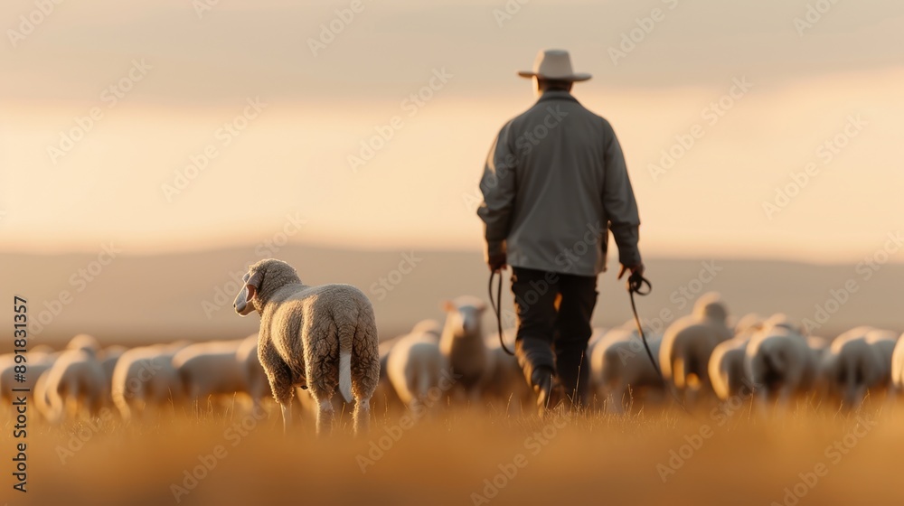 Guide Sheep A shepherd guides sheep through a golden field at sunset, showcasing ...