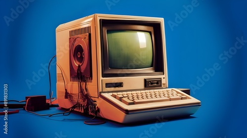 A vintage computer, showcased against a deep blue background. The computer features a large monitor with pixelated graphics and a wooden cabinet with a keyboard and mouse.