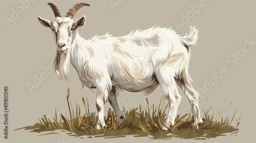 A white goat with a cartoonish appearance, depicted in an illustrative style.  photo