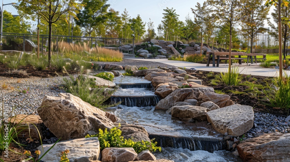 Modern Urban Park with Stream and Greenery Modern Urban Park with Stream and Greenery