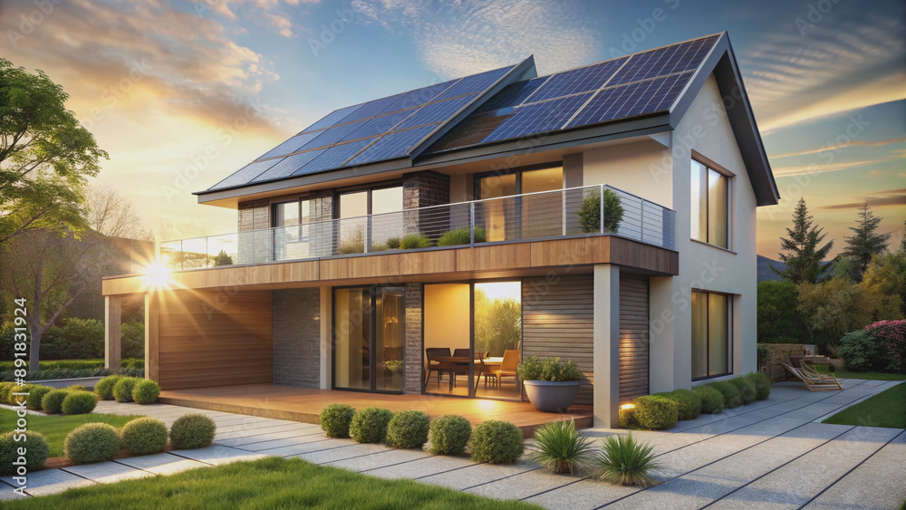 3D rendering of a modern house with solar panels on the roof and sunlight, exterior view of a two story