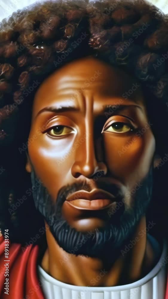 black Jesus Christ face portrait with halo and light rays isolated animation --4k 9x16 vertical stock video footage AI black Jesus Christ face portrait with halo and light rays isolated animation --4k 9x16 vertical stock video footage AI