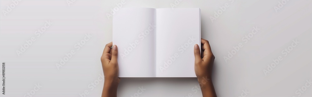 Obraz premium open book mockup held by hands showcasing a blank page for design isolated on a white background. 
