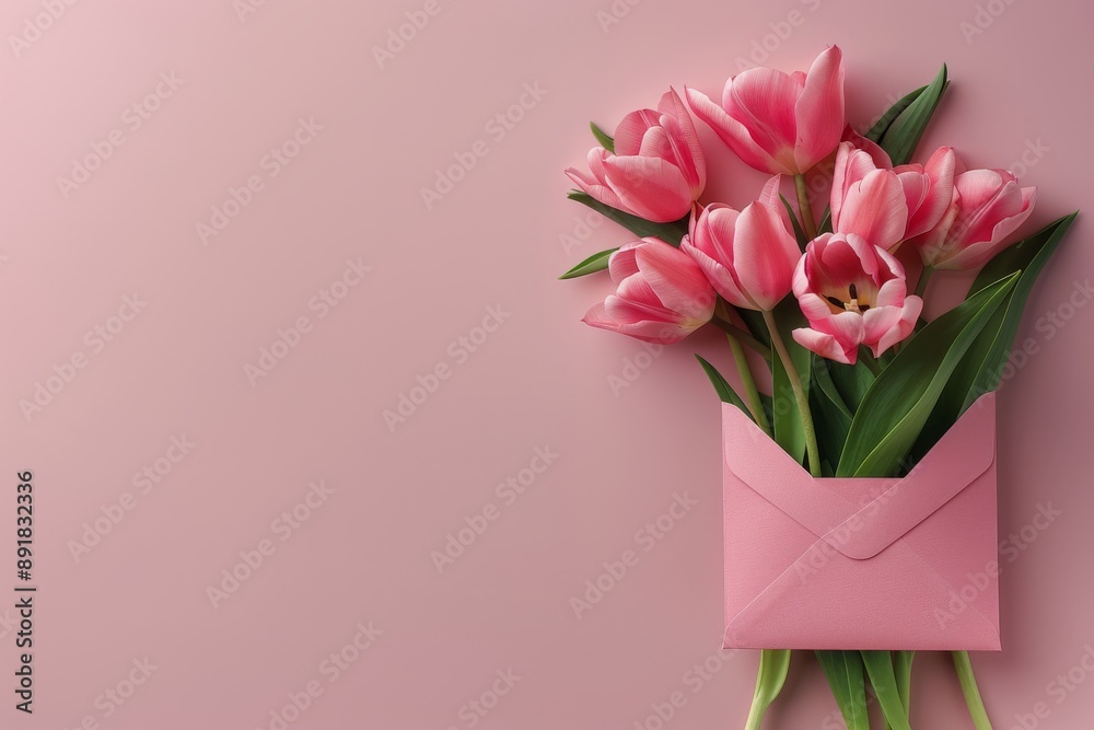 Obraz premium Pink Tulips and a Pink Envelope on a Pink Background