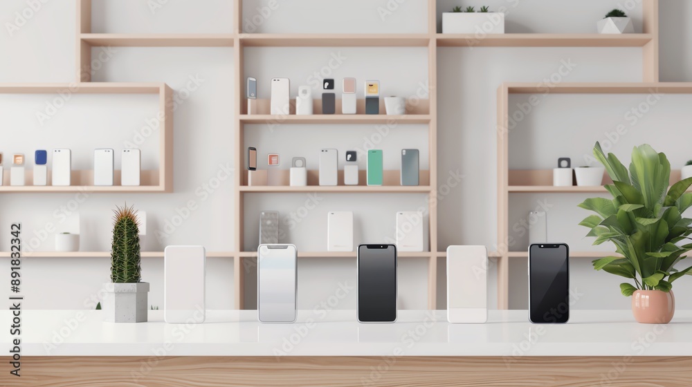 Fototapeta premium Modern store interior with smartphones on display and minimalist shelving in the background featuring various tech gadgets and decor items.