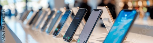 Modern smartphones displayed in a tech store, showcasing the latest models and innovative designs for customers.