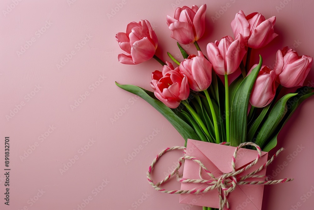 Fototapeta premium Pink Tulips and a Pink Envelope on a Pink Background