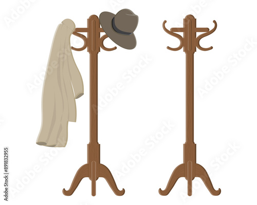 vector design of two clothes hangers made of brown wood where on the left side there are clothes or jackets and also hats hanging while the left side looks empty