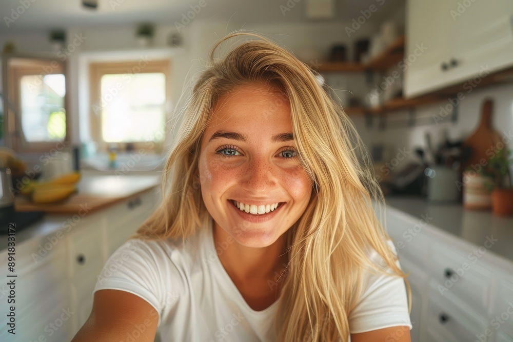 Image closeup of attractive blond woman 20s in white t-shirt smiling and taking selfie in living room. Image closeup of attractive blond woman 20s in white t-shirt smiling and taking selfie in living room.