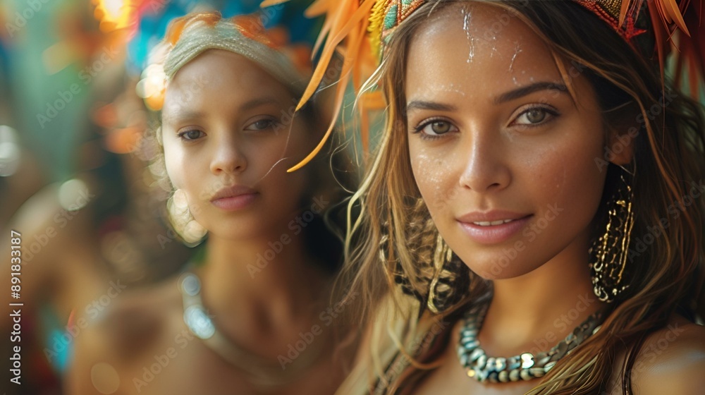 Obraz premium wo women wearing vibrant headdresses and jewelry.