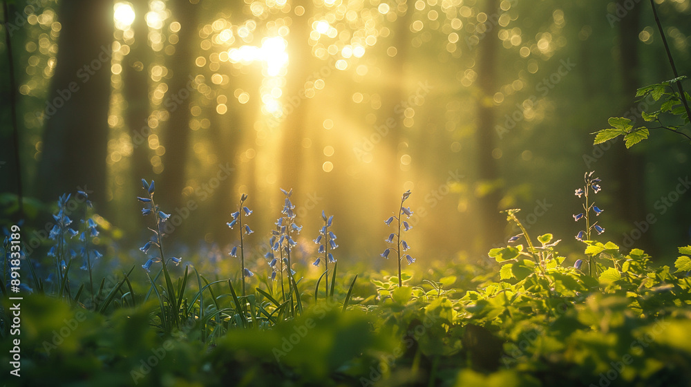 Fototapeta premium forest scene during what appears to be early morning or late afternoon. Sunlight filters through the trees, casting a warm, golden hue over the scene. In the foreground, there's a cluster of bluebell 