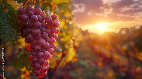 Vineyards at sunset in autumn harvest, Ripe grapes in fall Cluster grapes on left, Generative Ai 