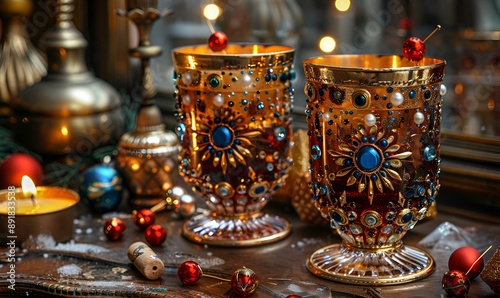 Two vases with lit candles on a table.