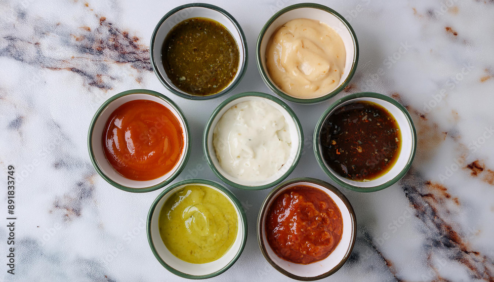 Assorted dipping sauces in small bowls on marble surface. Homemade sauces for food. Flat lay.