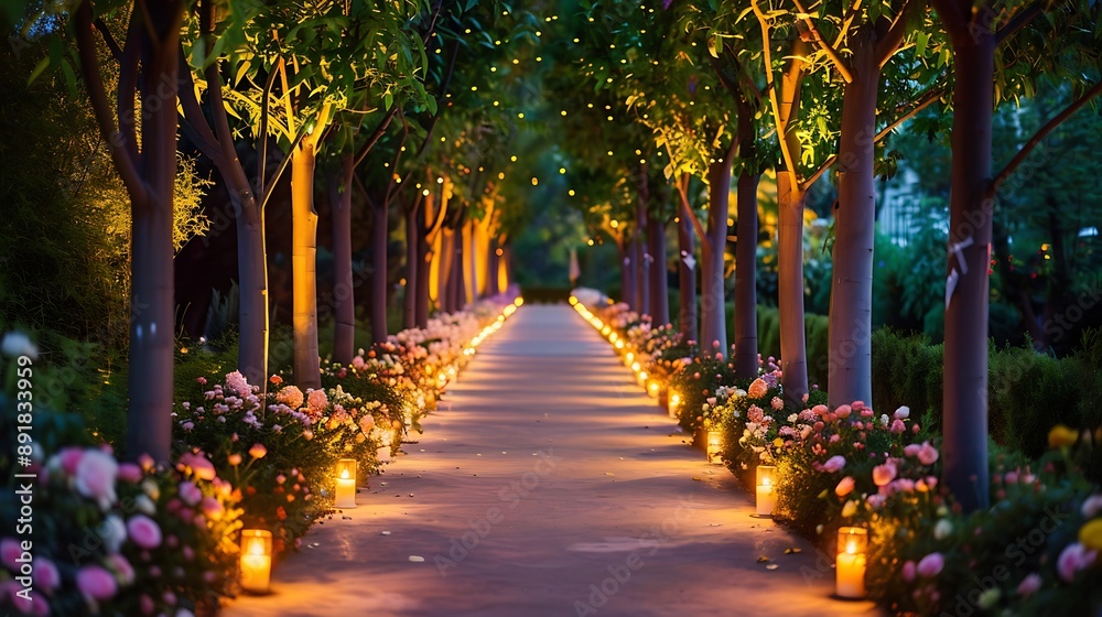 Fototapeta premium A beautifully lit pathway lined with flowers for an evening event