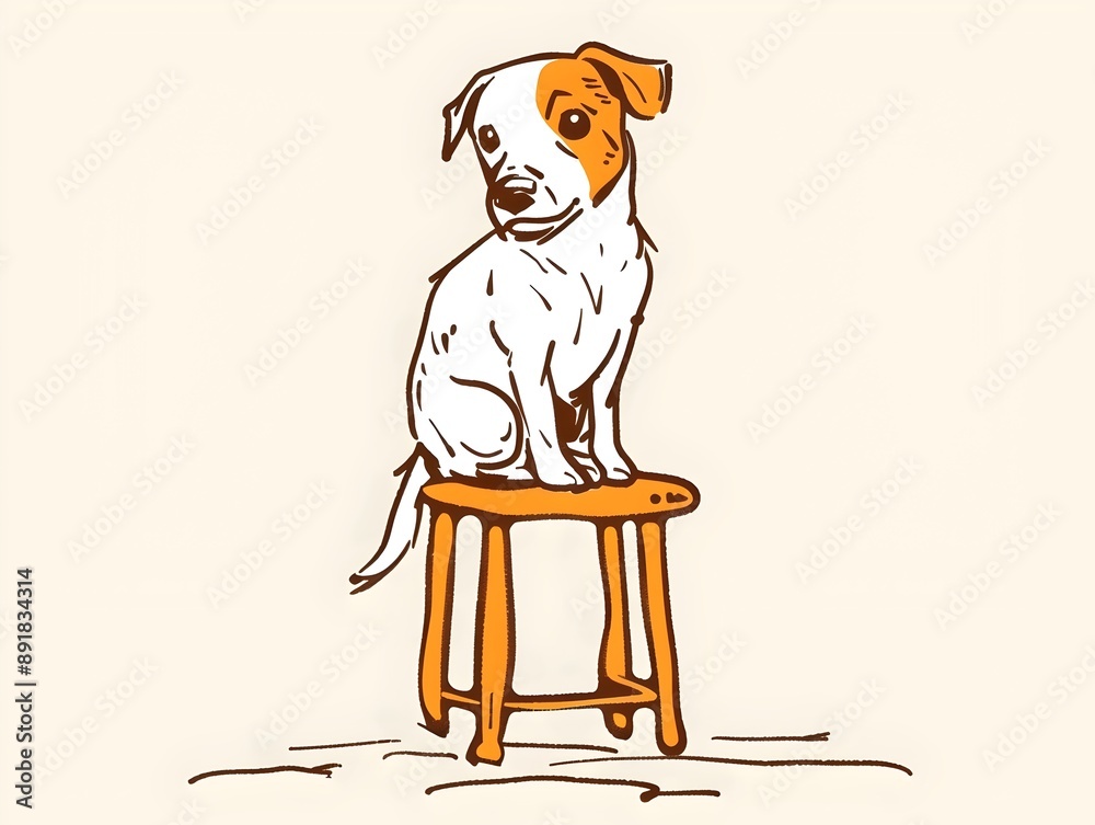 Illustration of a small puppy with brown and white fur sitting on a stool, glancing over its shoulder, drawn in a minimalist style with clean lines and warm colors. Illustration of a small puppy with brown and white fur sitting on a stool, glancing over its shoulder, drawn in a minimalist style with clean lines and warm colors.