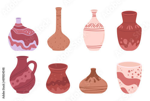 Cartoon ceramic vases. Ceramic jugs, pots and vases, vase pottery for home decoration, minimalistic pottery vases flat vector illustration set. Modern pottery on white