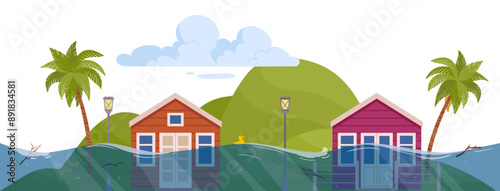 Cartoon flood. Huge ocean waves environmental damage, natural disaster, extreme weather and natural cataclysm flat vector illustration. Flooded houses