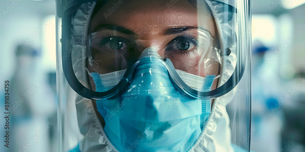 Biotech facility worker in cleanroom wearing protective gear in pharmaceutical industry. Biotech facility worker in cleanroom wearing protective gear in pharmaceutical industry.
