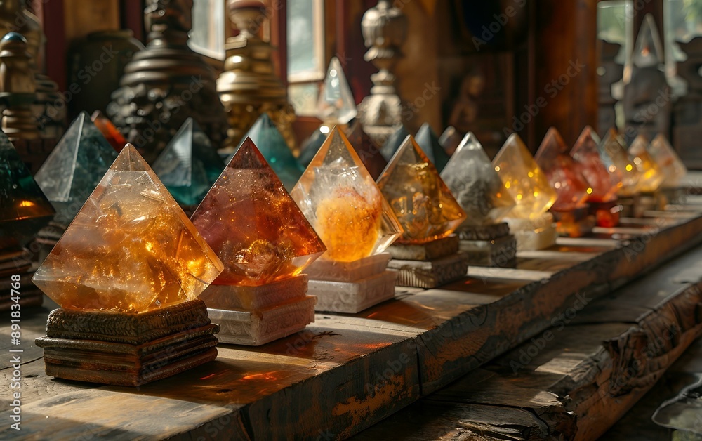 A row of vibrant crystals in various colors. A row of vibrant crystals in various colors.