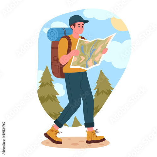 Man on hike. Male character outdoor adventure, hiking active tourist, trekking and backpacking flat vector illustration. Guy hiking on nature with backpack