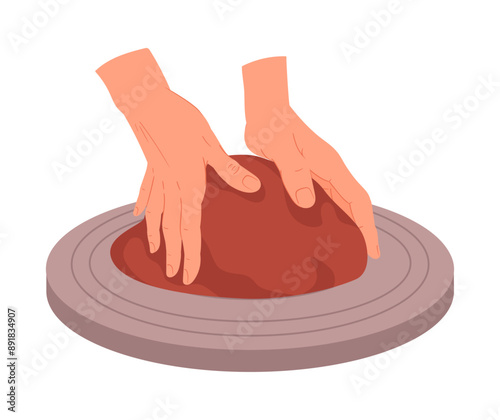 Potters hands work with clay. Ceramic studio potter modeling earthenware, hands making pot or vase flat vector illustration. Pottery workshop process