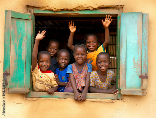 Group of african children smiling and waving from a colorful window	