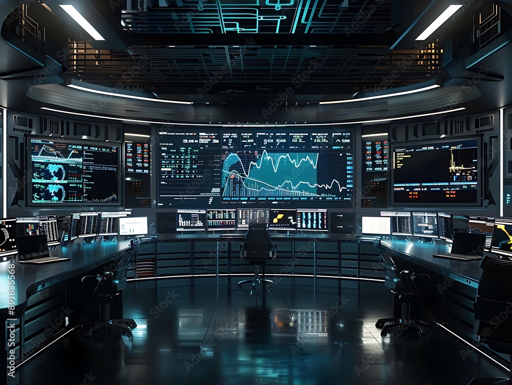 Futuristic stock trading command center with advanced holographic interfaces. 3D render, cinematic lighting, dark tones. Futuristic stock trading command center with advanced holographic interfaces. 3D render, cinematic lighting, dark tones.