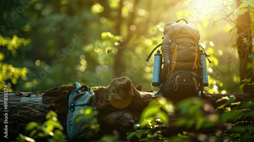 Autumn forest fire with backpack