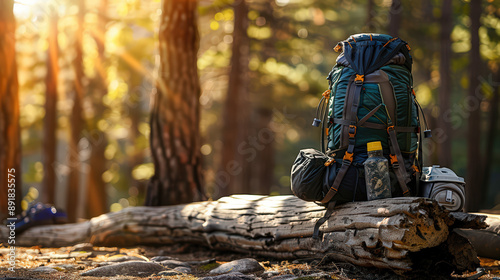 Autumn forest fire with backpack