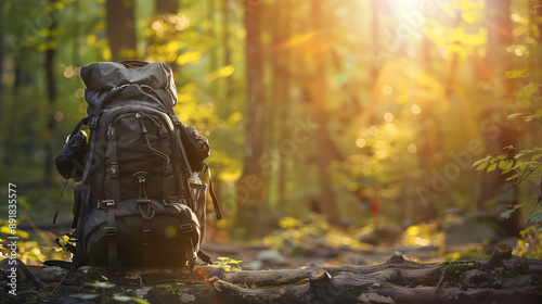 Autumn forest fire with backpack