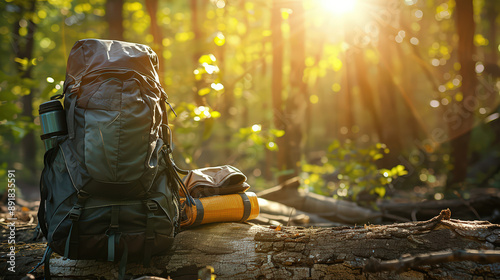 Autumn forest fire with backpack