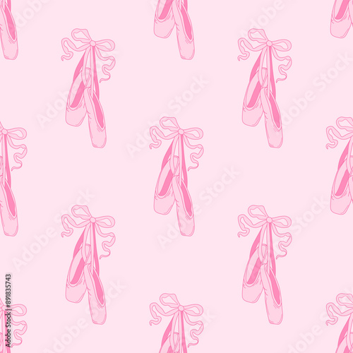 Seamless pattern pointe shoes with bow. Female pink ballet slippers for classic elegant dance