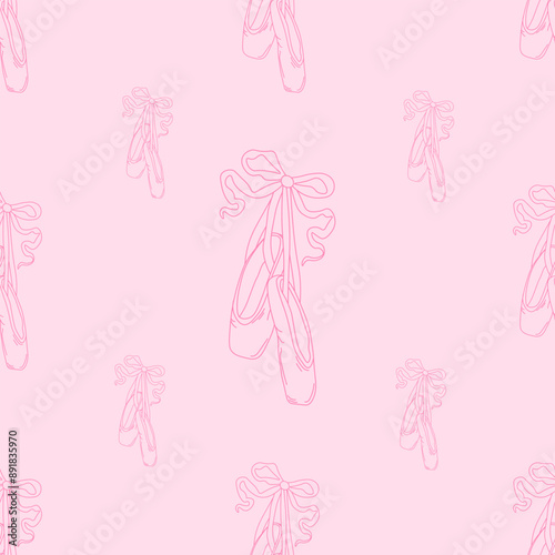 Seamless pattern pointe shoes with bow. Female pink ballet slippers for classic elegant dance