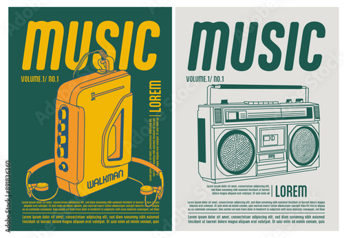 Music party vector banner. Posters set with Walkman and Cassette. Event show