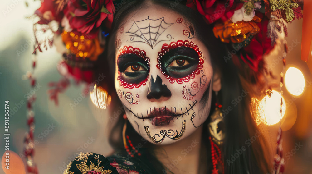 A girl with beautiful and scary makeup for the Day of the Dead. This makeup is called Calavera Сatrina. It's like a symbol of this holiday. A girl with beautiful and scary makeup for the Day of the Dead. This makeup is called Calavera Сatrina. It's like a symbol of this holiday.