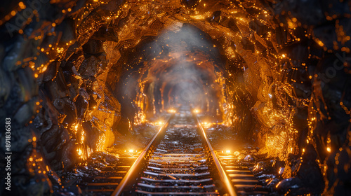 Glowing tunnel with railroad tracks leading into unknown