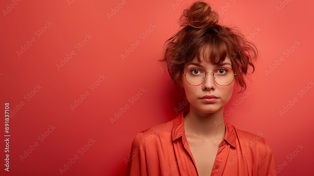 Young woman on a red background. Studio photo Young woman on a red background. Studio photo