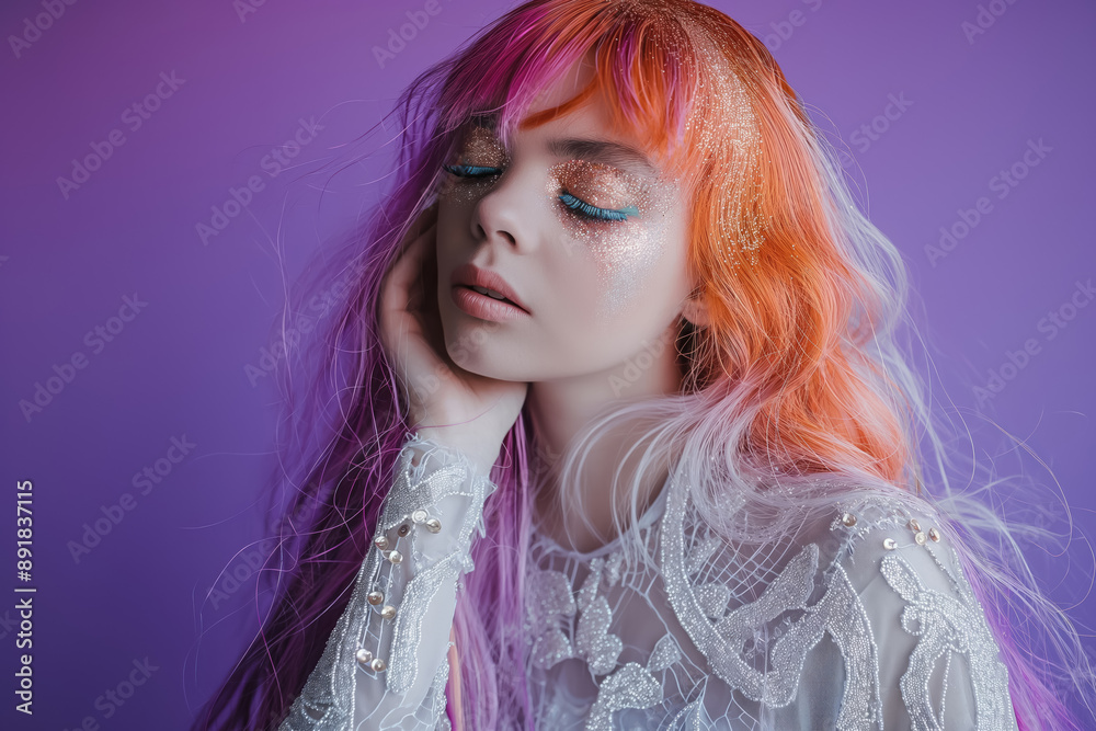 glittering eye makeup on young woman with pastel orange pink hair, white silvery dress, against a soft purple backdrop glittering eye makeup on young woman with pastel orange pink hair, white silvery dress, against a soft purple backdrop
