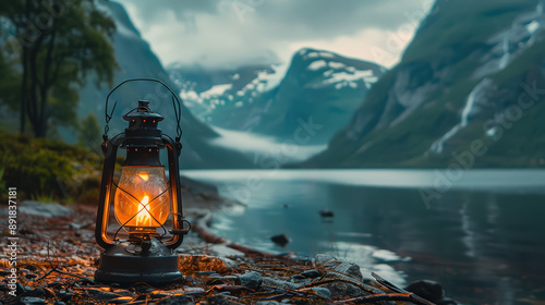 Lantern on a serene mountain lake with a snowy landscape