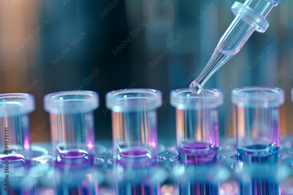 Macro close up view of a laboratory pipette dispensing a sample into test tubes Macro close up view of a laboratory pipette dispensing a sample into test tubes
