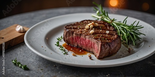 Perfectly seared steak cuts presented on a ceramic plate with garlic cloves and fresh herbs.