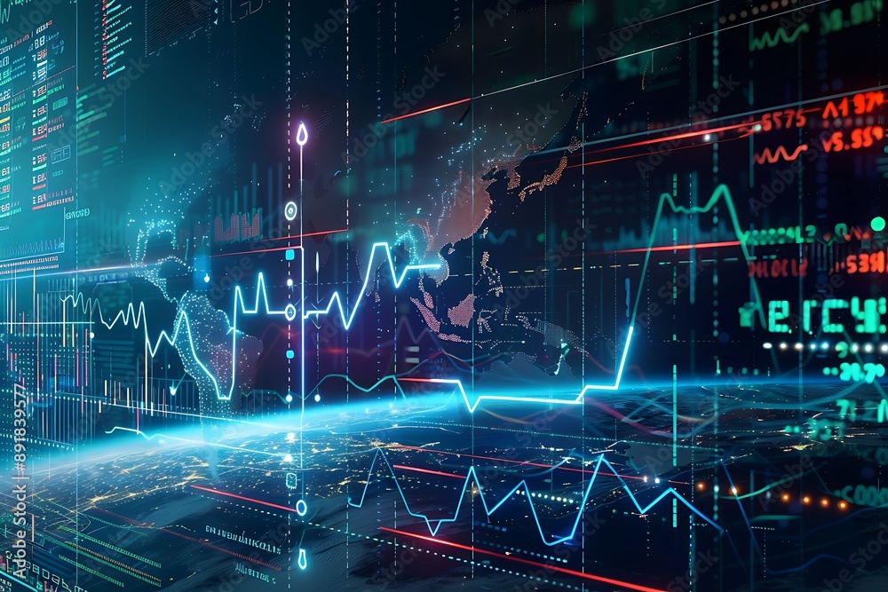 Futuristic financial visualization with a pulsing ECG rhythm and a global satellite view Futuristic financial visualization with a pulsing ECG rhythm and a global satellite view