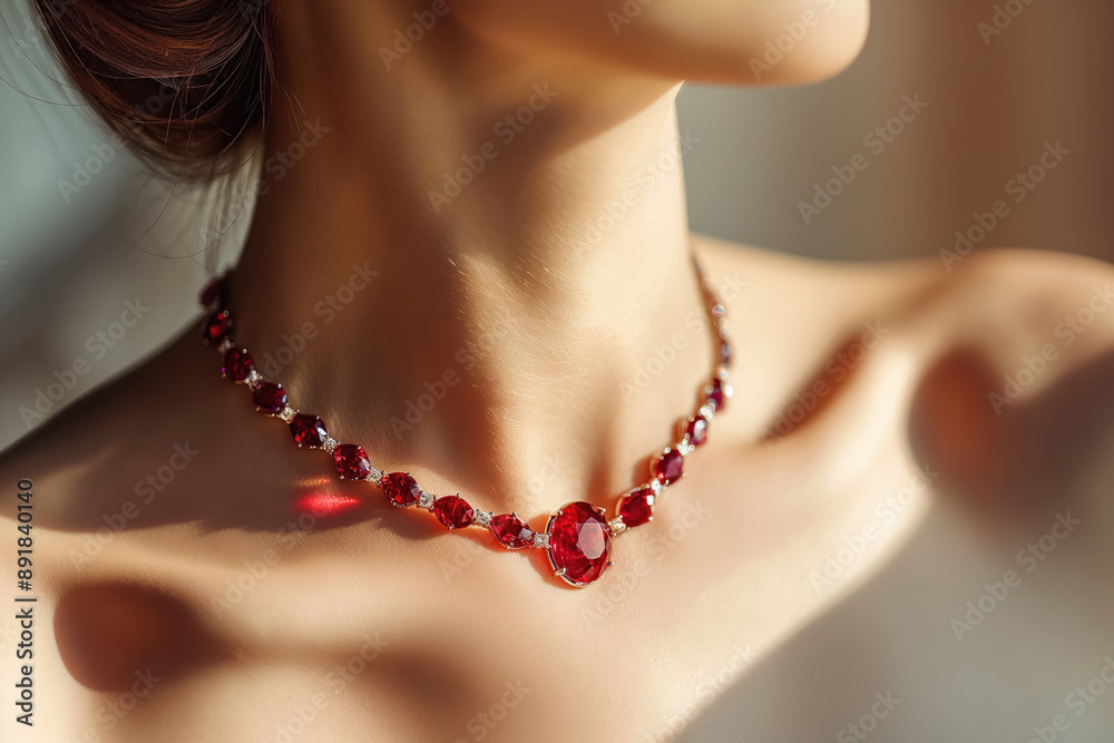 luxurious closeup of a woman's neck showcasing a red gemstone necklace against a soft skin tone luxurious closeup of a woman's neck showcasing a red gemstone necklace against a soft skin tone